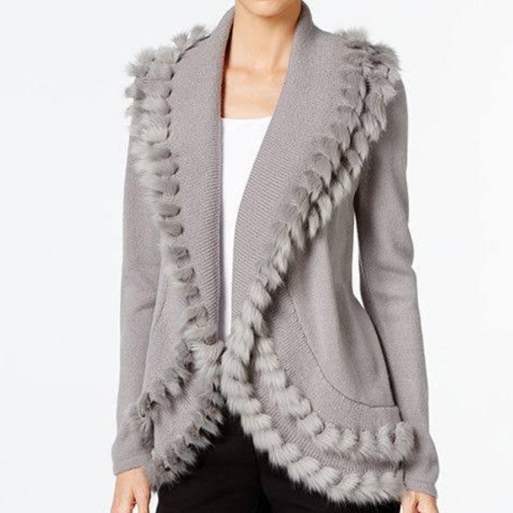 Alfani women PS gray faux fur trim‎ cardigan sweater old money preppy cosy